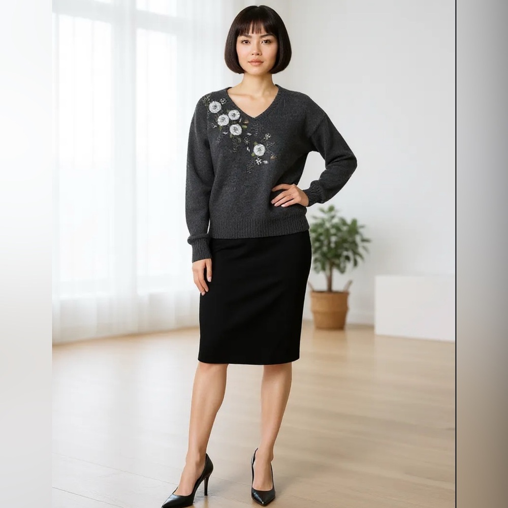 Vintage Sugar Elegant Black Sweater with Floral Embroidery and Beads